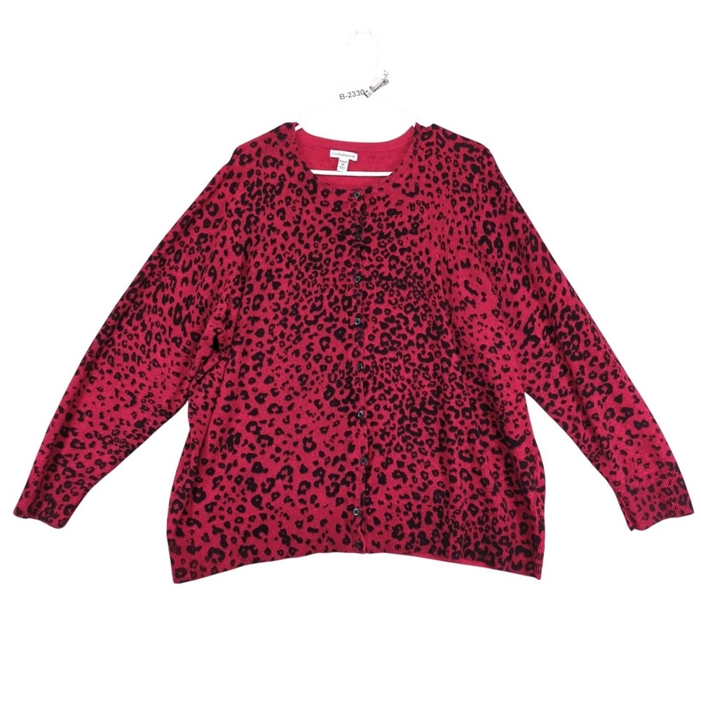 Croft & Barrow Red Black Leopard Cardigan Sweater Womens 3X Plus Animal Print